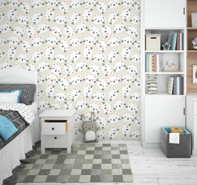 tapeta do detskej izby kresba tváre bielej mačky - Tenstickers