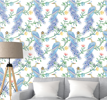 tapeta vtaky elegantný modrý perový motív - Tenstickers